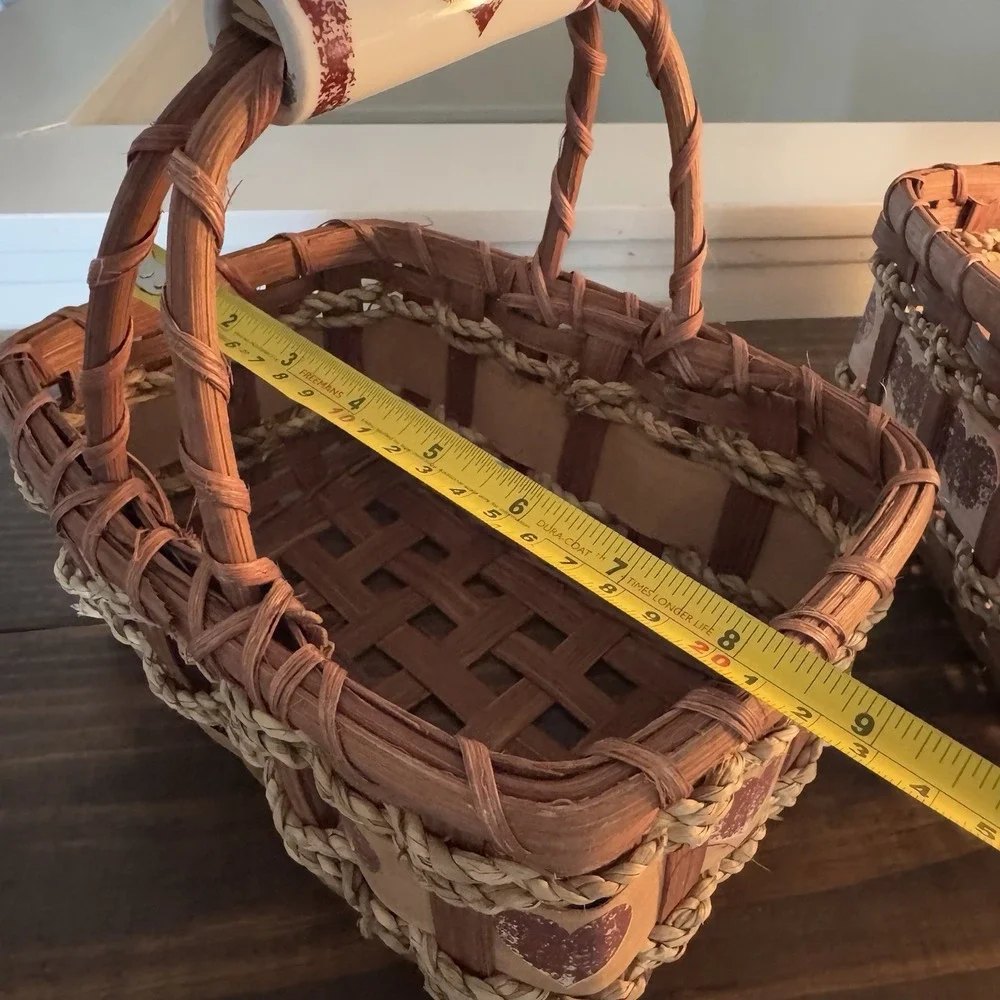 Vintage Cottagecore Wicker Basket Set Heart Glass Handle Holder Grannycore Decor
